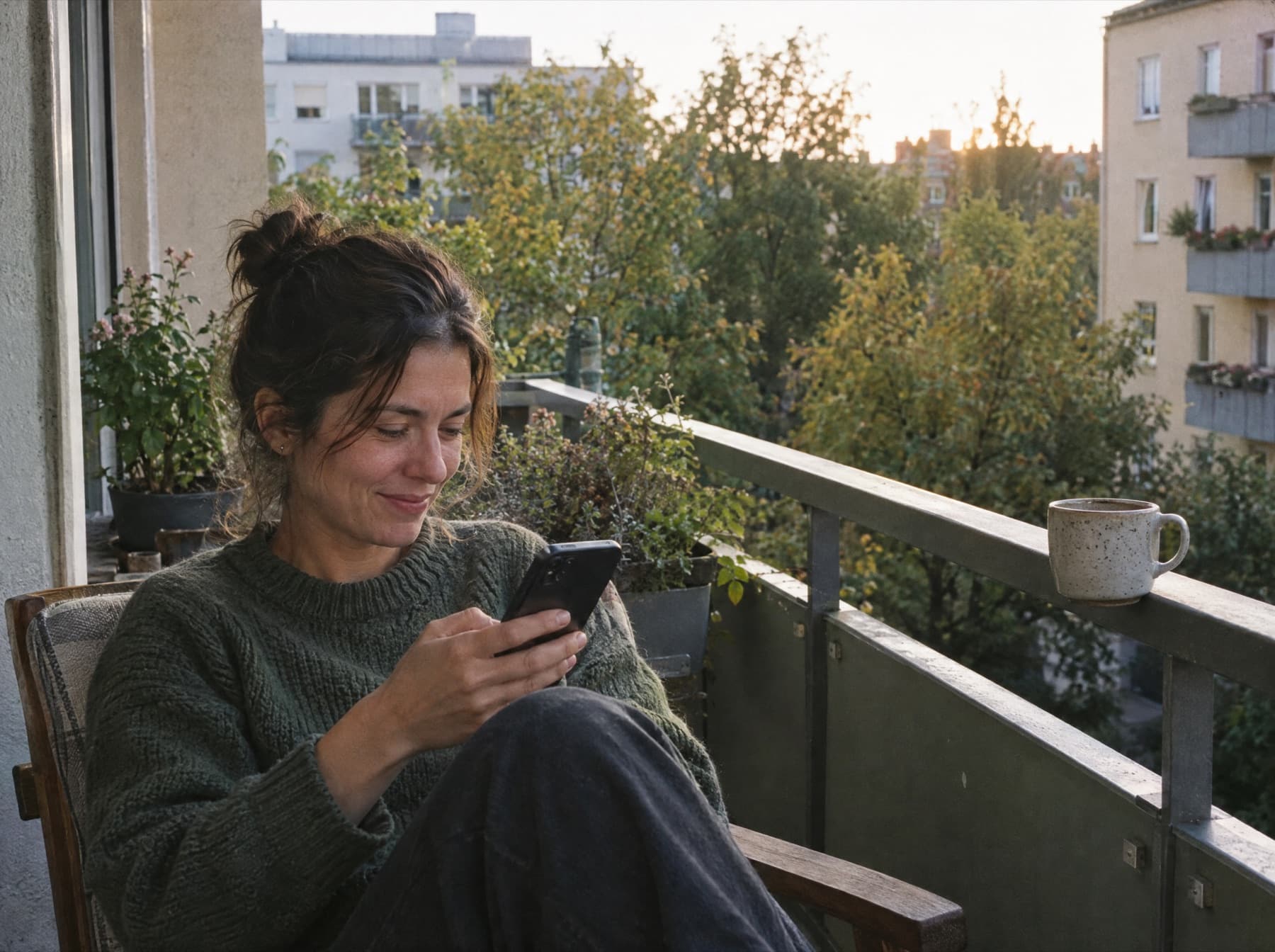 A resident on her balcony reading a message on her phone, a coffee mug on the railing.