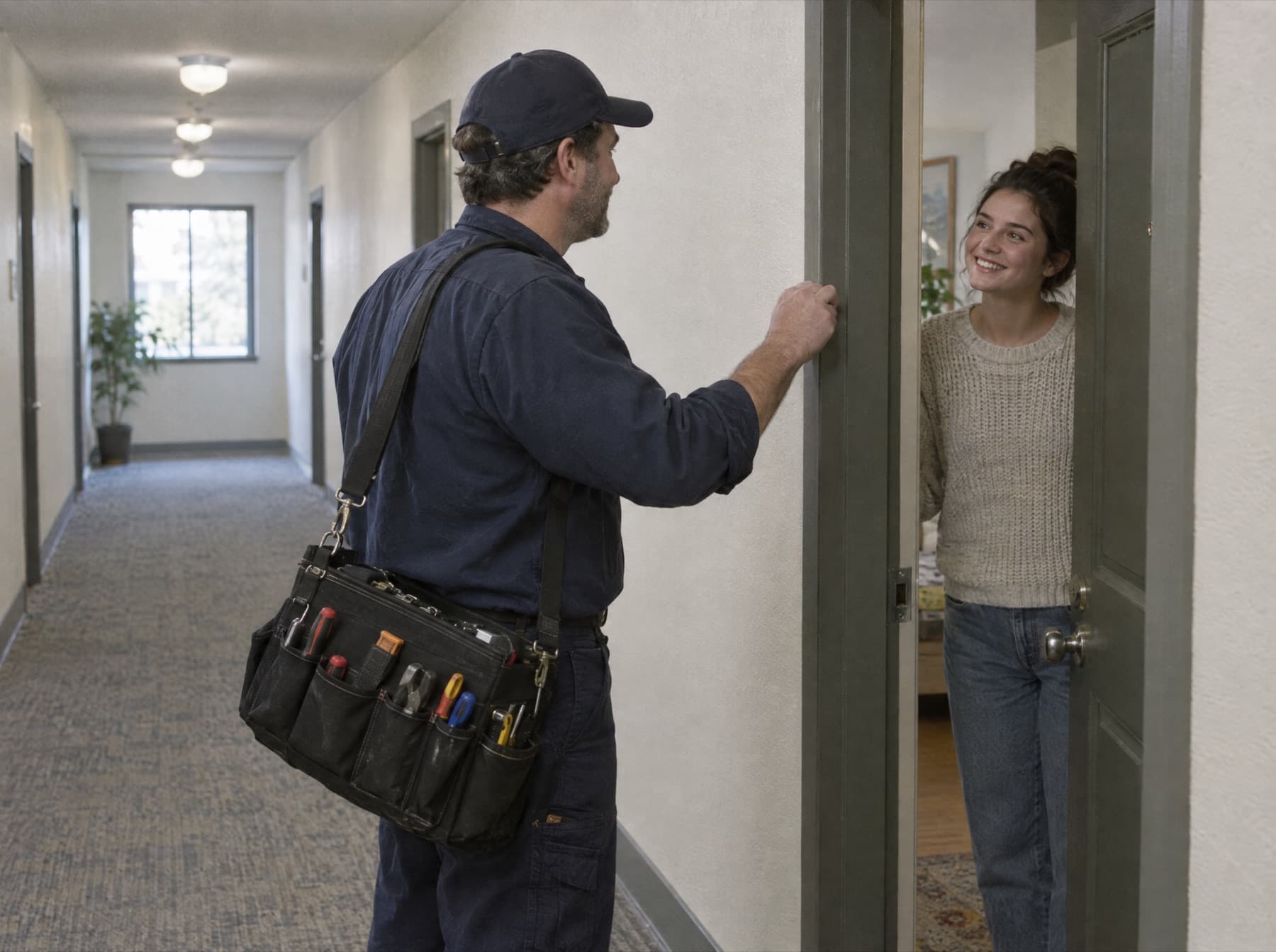 A maintenance technician at a unit door in a bright hallway, the resident opening it with a smile.