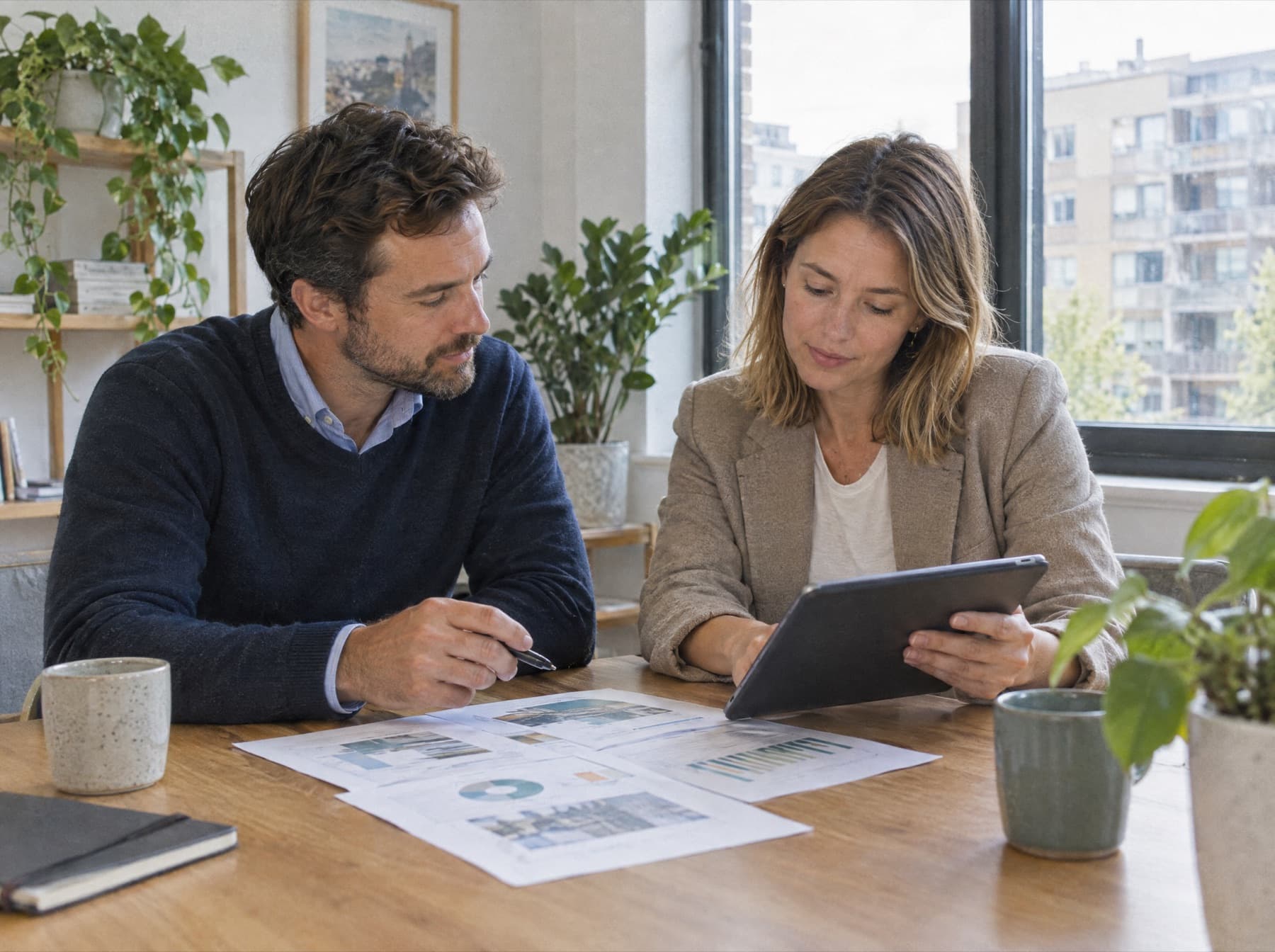Two property owners reviewing printed charts and a tablet at a table in a bright office.