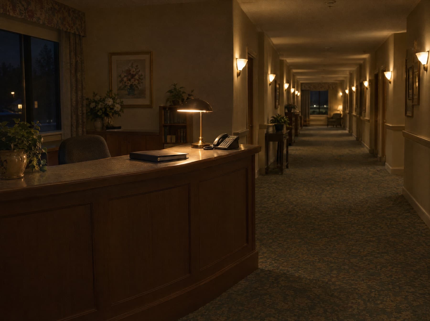 The front desk of a retirement residence late at night, a single lamp on and a quiet hallway behind.