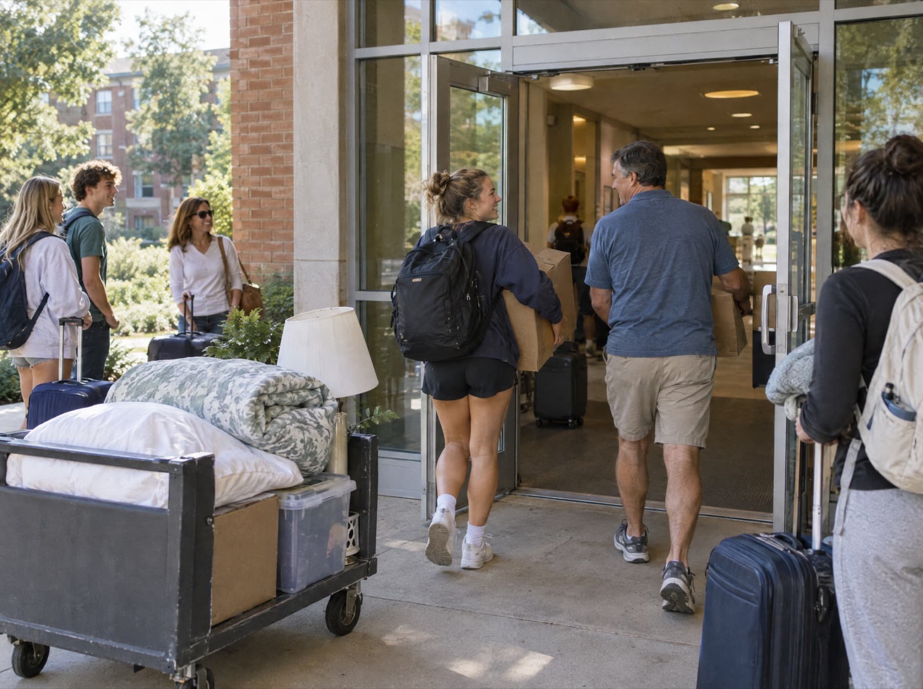 Move-in day at a student residence entrance, carts of bedding and boxes, a student and a parent carrying a box inside.
