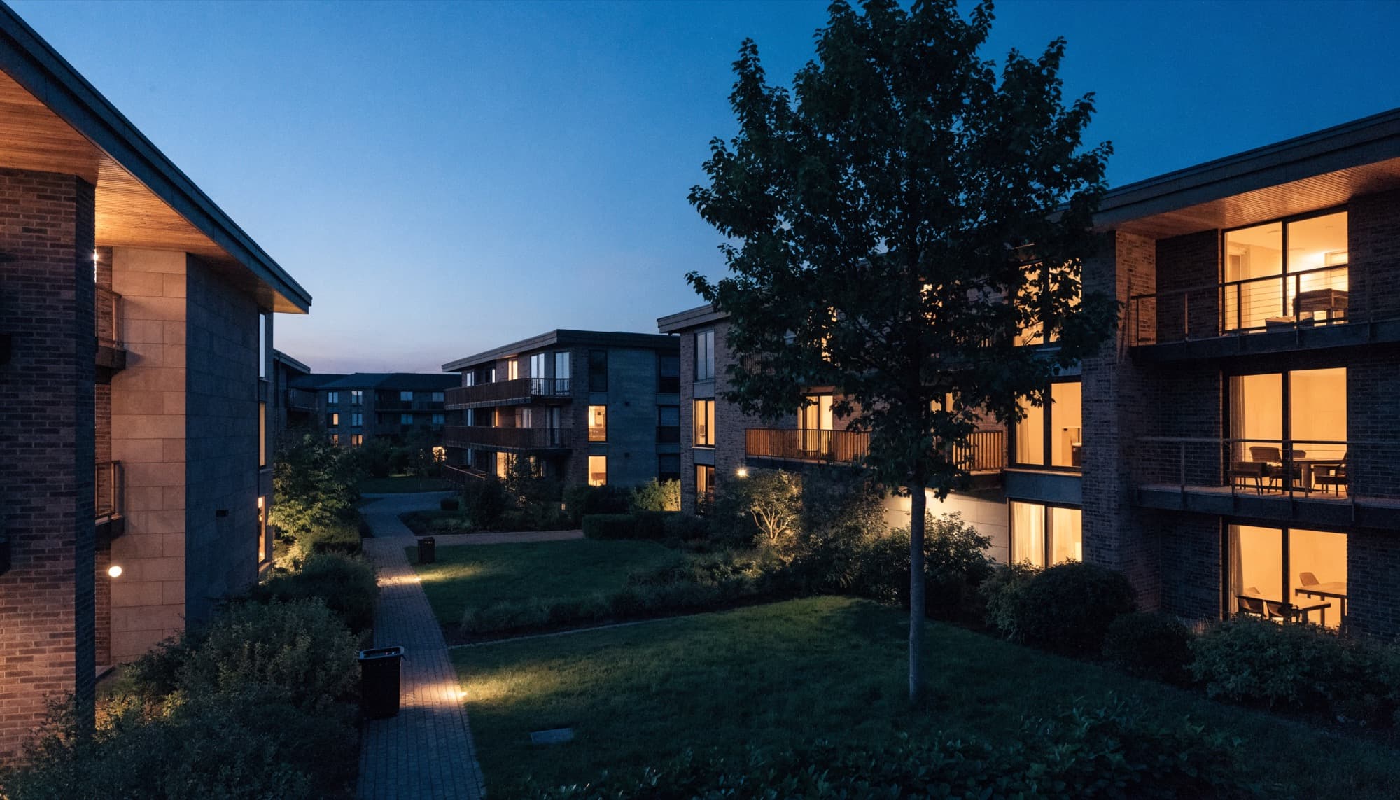 A landscaped courtyard between apartment buildings at blue hour, windows lit.