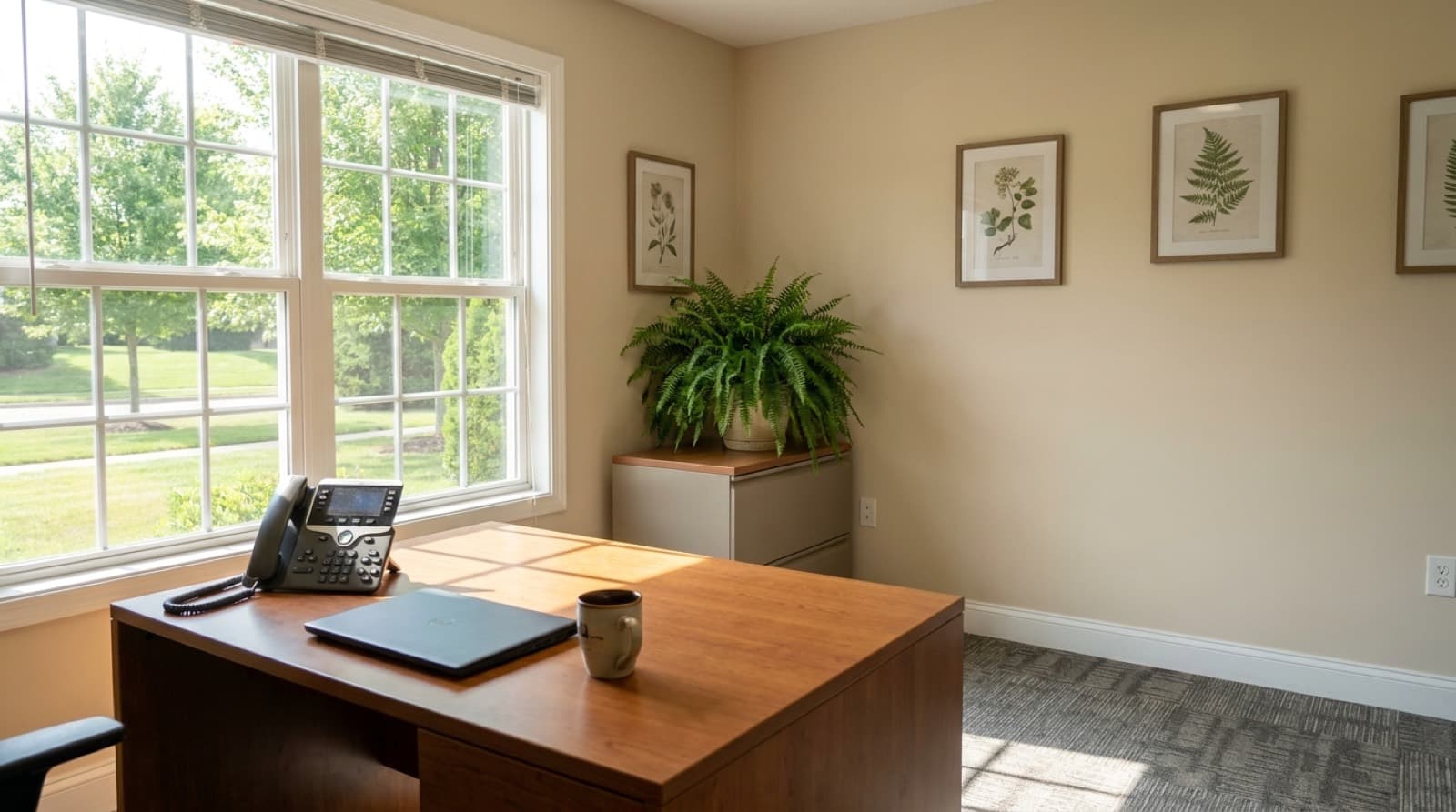 An unattended leasing office desk in morning daylight, a multi line telephone on the hook beside a closed laptop, a fern and framed botanical prints behind it.