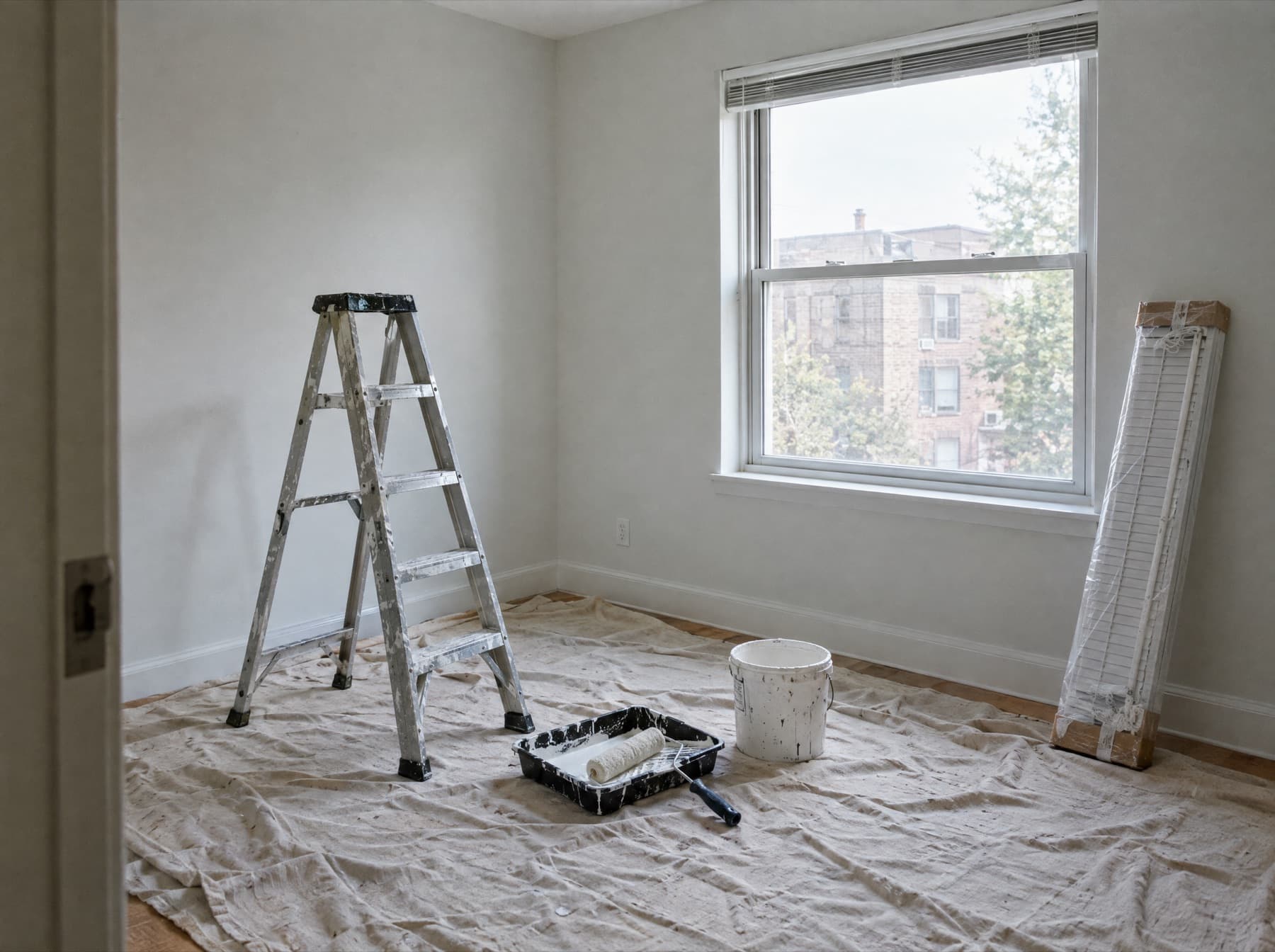 An empty apartment mid-turn: fresh paint, a drop cloth, a stepladder and new blinds by the window.